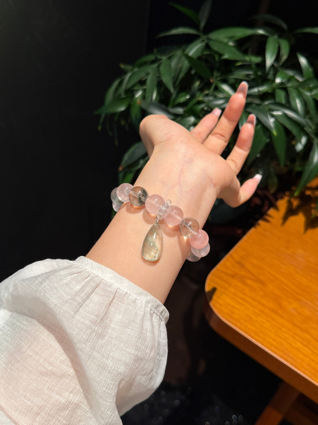 Natural Green Phantom Quartz, Rose Quartz & Sakura Agate Bracelet with Green Phantom Quartz Teardrop Pendant – Crystal Jewelry for Growth, Love & Harmony