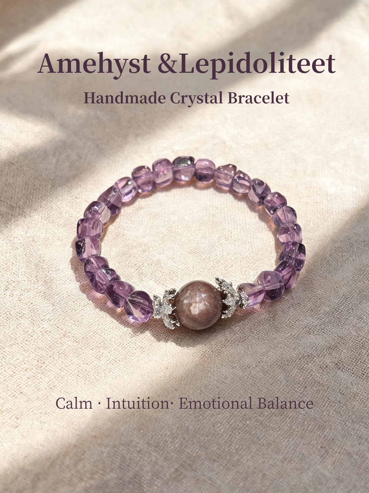 Natural Amethyst & Lepidolite Bracelet – Handmade Crystal Bracelet for Calm, Intuition & Emotional Healing