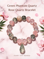 Natural Green Phantom Quartz, Rose Quartz & Sakura Agate Bracelet with Green Phantom Quartz Teardrop Pendant – Crystal Jewelry for Growth, Love & Harmony