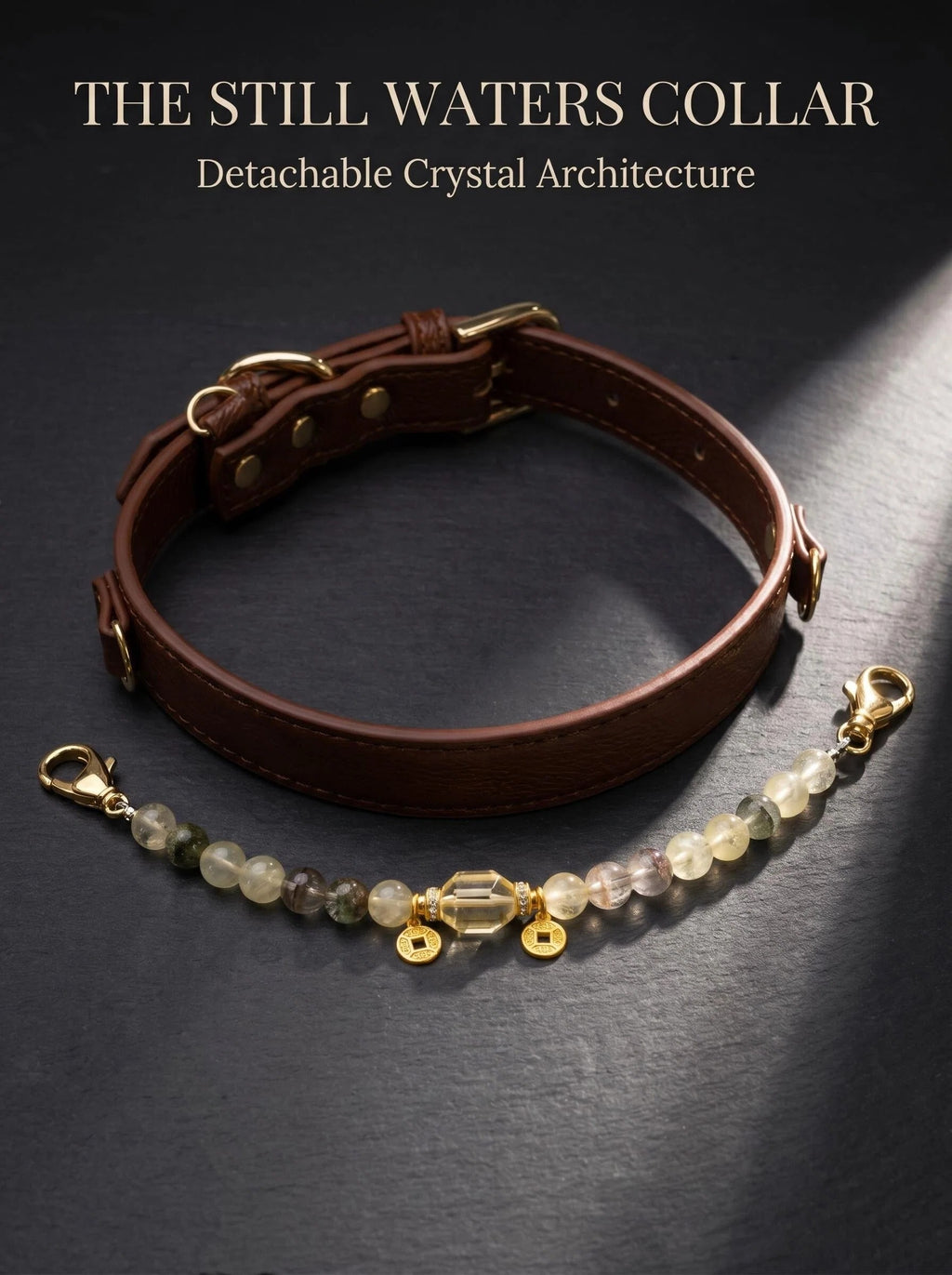 The Golden Vault Pet Collar | Lemon Citrine  Four Seasons Phantom Quartz & Freeform Citrine  | Detachable Crystal Strand | Calm Appetite Abundance