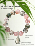 Close-up detail of Green Phantom Quartz, Rose Quartz and Sakura Agate bracelet showing natural crystal textures, gemstone patterns and teardrop pendant craftsmanship.
