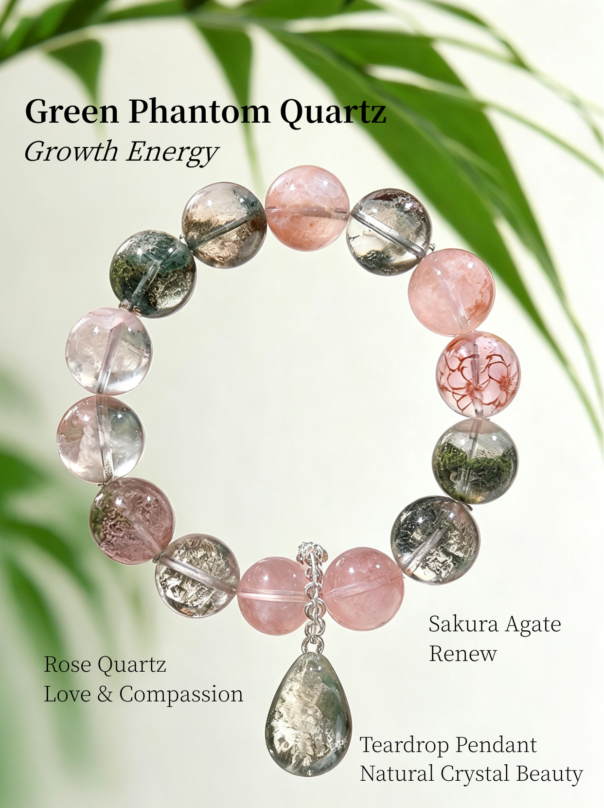 Close-up detail of Green Phantom Quartz, Rose Quartz and Sakura Agate bracelet showing natural crystal textures, gemstone patterns and teardrop pendant craftsmanship.