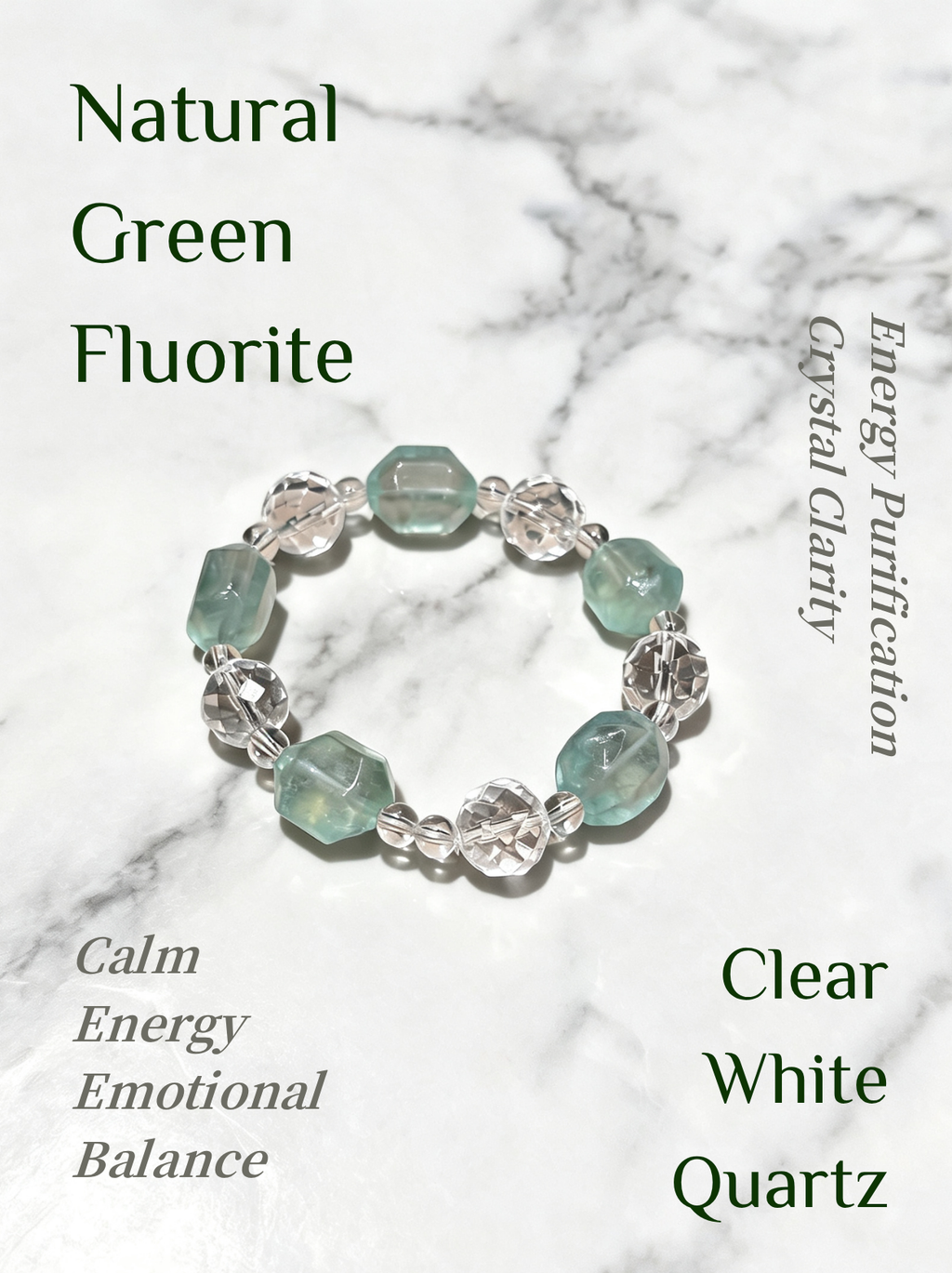 Natural Green Fluorite & White Quartz Bracelet – Summer Crystal Jewelry for Calm, Balance & Natural Serenity