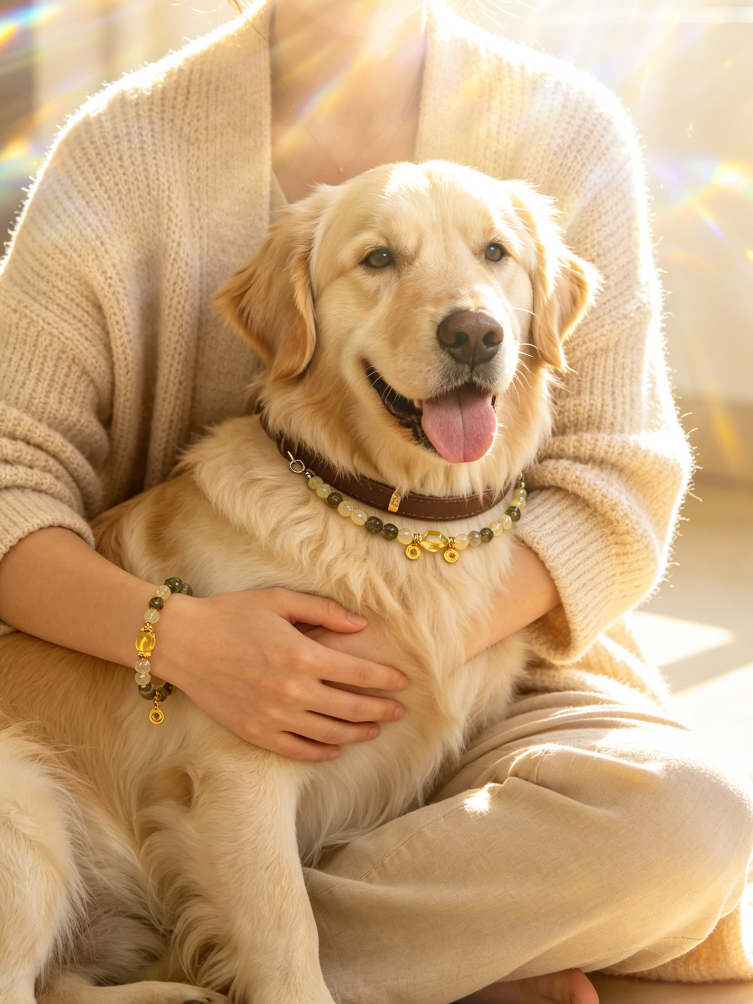 The Golden Vault Matching Set | Human Crystal Bracelet  + Pet Crystal Collar | Lemon Citrine & Four Seasons Phantom Quartz  | Abundance Bundle