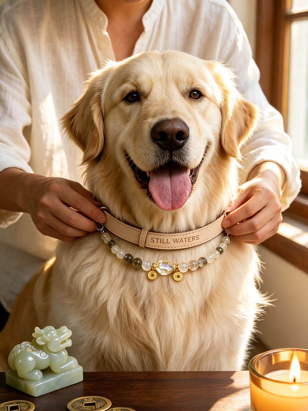 The Golden Vault Pet Collar | Lemon Citrine  Four Seasons Phantom Quartz & Freeform Citrine  | Detachable Crystal Strand | Calm Appetite Abundance