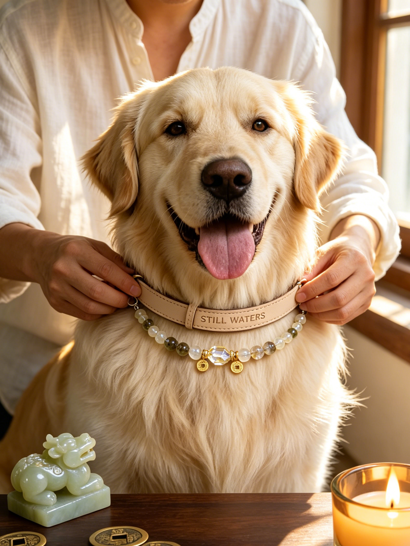 The Golden Vault Pet Collar | Lemon Citrine  Four Seasons Phantom Quartz & Freeform Citrine  | Detachable Crystal Strand | Calm Appetite Abundance