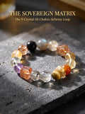 The Ascension Code crystal bracelet with amethyst
green phantom quartz super seven grey moonstone
gold rutilated quartz tiger's eye
black rutilated quartz and yellow topaz beads,
eight stone full chakra wealth alchemy bracelet
on dark charcoal slate surface
