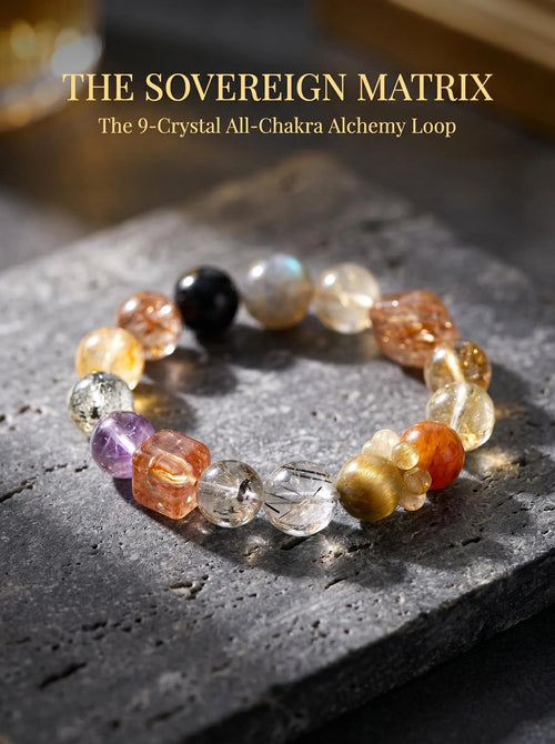 The Ascension Code crystal bracelet with amethyst
green phantom quartz super seven grey moonstone
gold rutilated quartz tiger's eye
black rutilated quartz and yellow topaz beads,
eight stone full chakra wealth alchemy bracelet
on dark charcoal slate surface