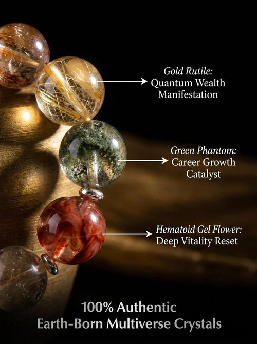 Macro close-up of black gold super seven
green phantom quartz and gold rutilated quartz beads
in Ascension Code bracelet,
seven mineral matrix phantom inclusions
and golden rutile threads visible,
high frequency all chakra healing stones