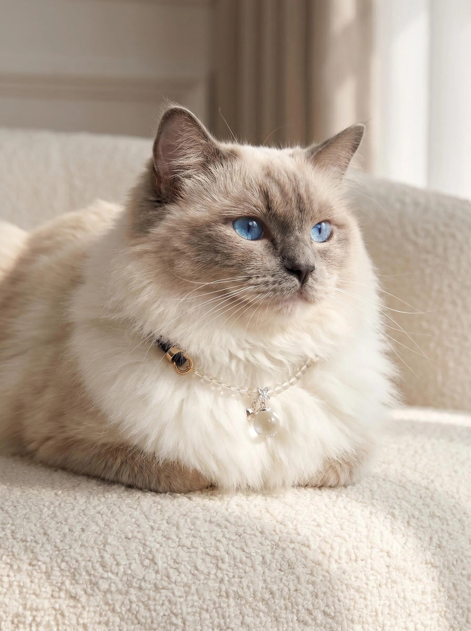 Small fluffy white cat or small dog 
wearing Crystal Familiar clear quartz collar 
with crystal sphere pendant and heart charm, 
soft natural light cozy home lifestyle photography