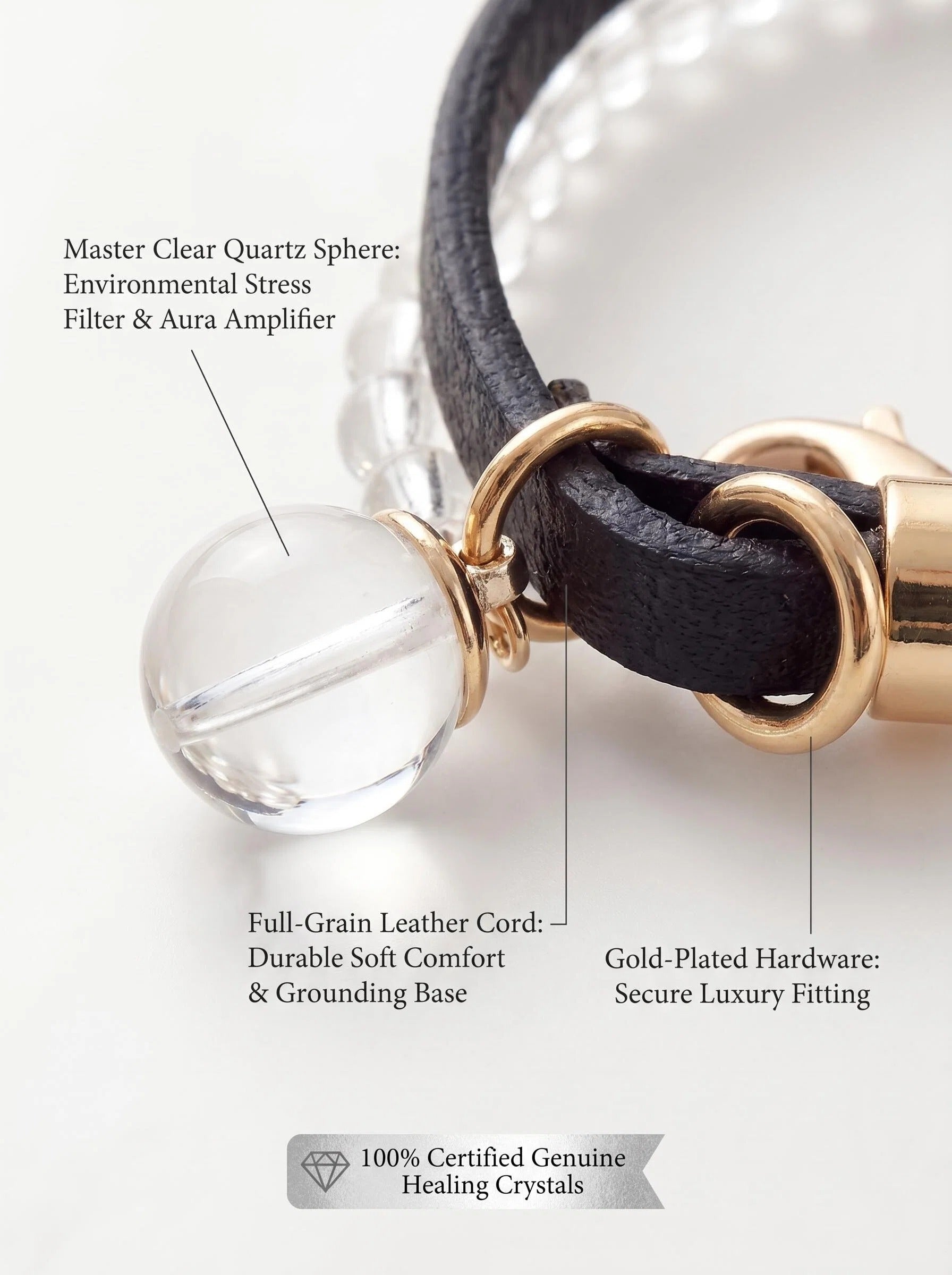 Macro close-up of clear quartz beads 
crystal sphere pendant heart charm 
and butterfly charm on Crystal Familiar pet collar, 
rose gold clasp and extension chain detail, 
luxury pet crystal jewelry