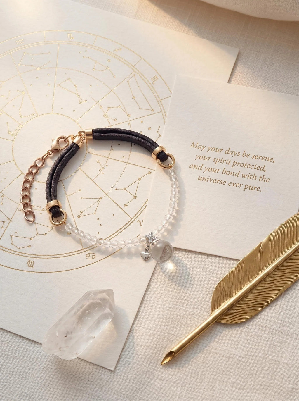 Crystal Familiar pet collar on selenite charging plate 
with white sage bundle and clear quartz cluster, 
crystal pet collar cleansing ritual pure white tones