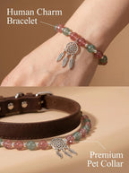 Dream Catcher bracelet and pet collar side by side
showing matching strawberry quartz beads
and silver dream catcher charm,
same heart chakra protection for human and pet