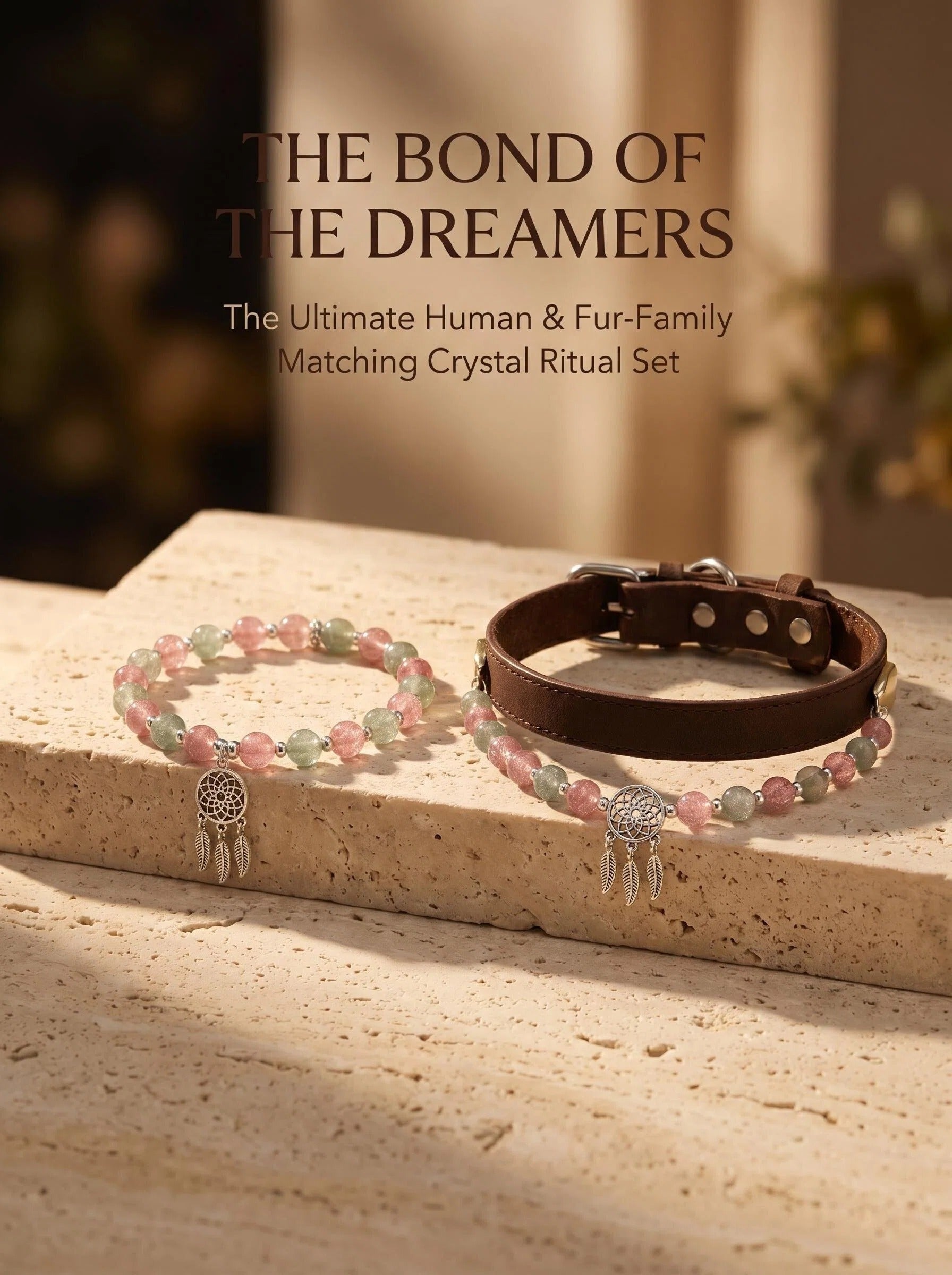 The Dream Catcher matching set with human crystal bracelet
and pet collar both showing red green strawberry quartz
and silver dream catcher charm,
empath protection matching crystal set flat lay