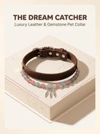 The Dream Catcher pet collar with red green strawberry quartz
and silver dream catcher charm on brown leather,
luxury crystal protection collar for cats and all dog sizes