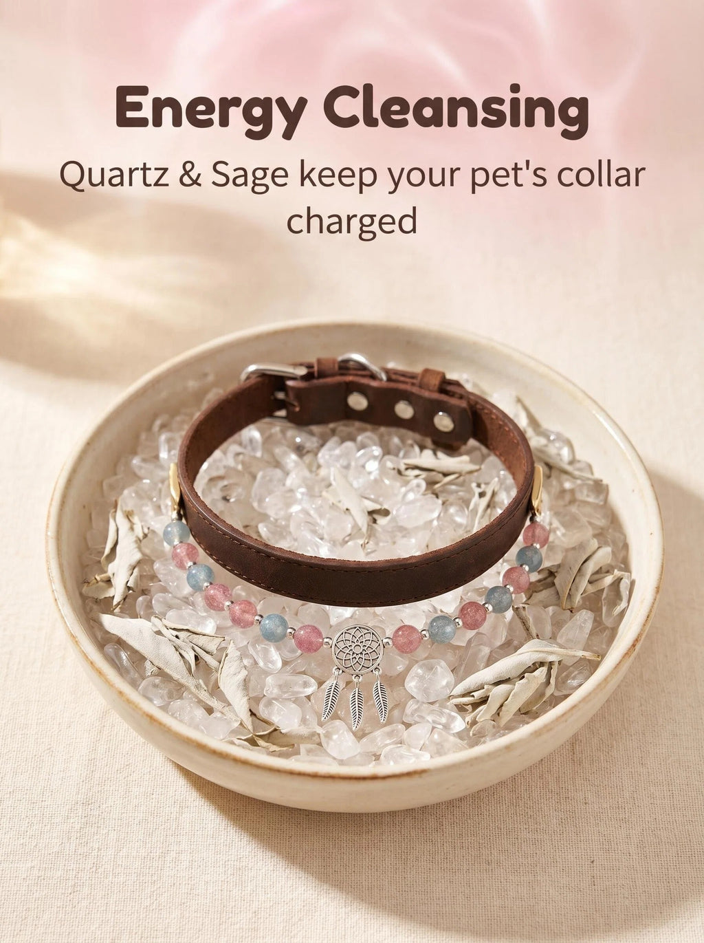 Dream Catcher pet collar on selenite charging plate
with white sage bundle,
crystal pet collar cleansing ritual protective tones