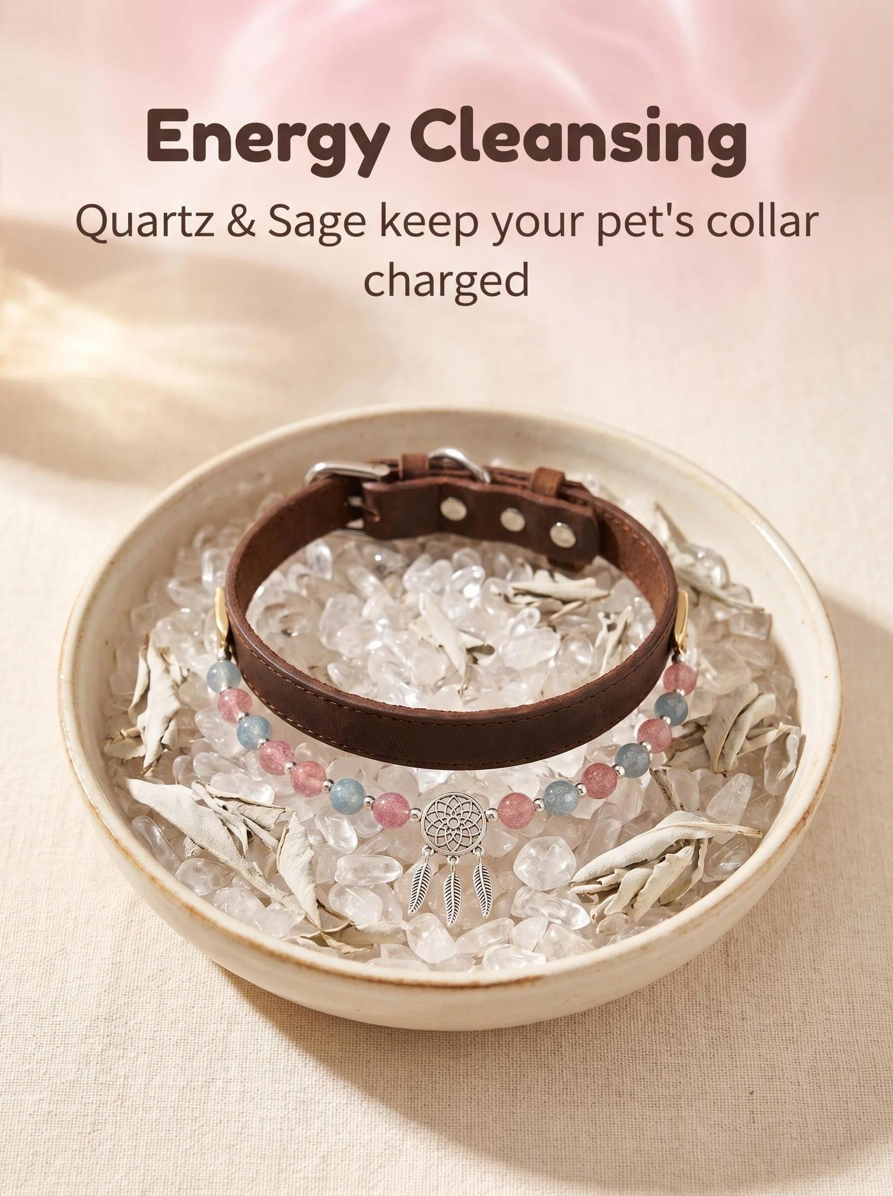 Dream Catcher pet collar on selenite charging plate
with white sage bundle,
crystal pet collar cleansing ritual protective tones