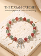 The Dream Catcher crystal bracelet with red and green
strawberry quartz beads and silver dream catcher charm,
heart chakra empath protection bracelet
on white surface