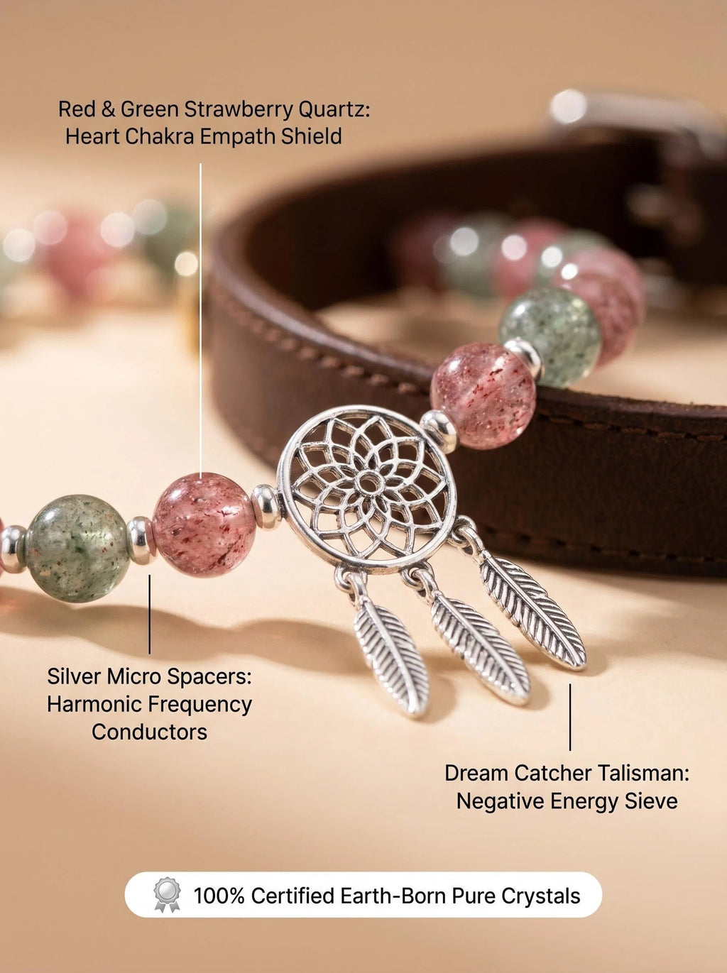 Macro close-up of red strawberry quartz
green strawberry quartz beads and silver dream catcher charm
in Dream Catcher bracelet,
heart chakra protection healing stones detail