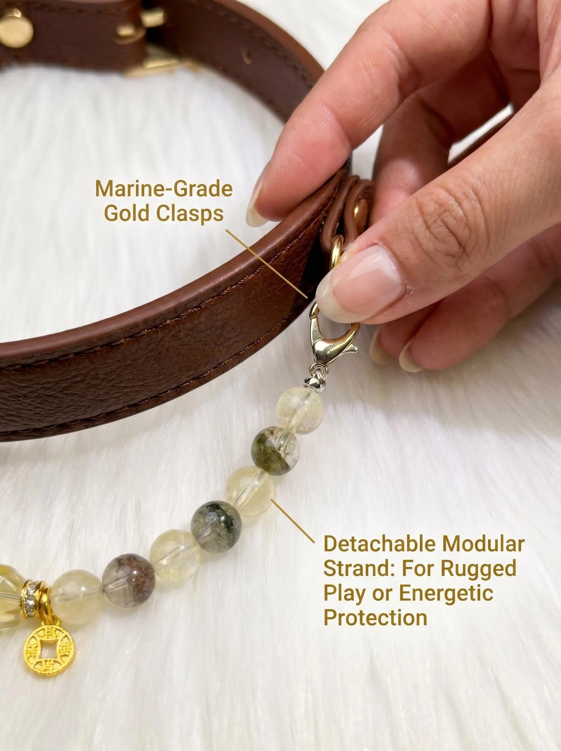 The Golden Vault Pet Collar | Lemon Citrine  Four Seasons Phantom Quartz & Freeform Citrine  | Detachable Crystal Strand | Calm Appetite Abundance