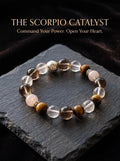 The Scorpio Sovereign crystal bracelet 
with smoky quartz tiger's eye rose quartz and clear quartz beads, 
Scorpio zodiac healing jewelry on dark slate surface