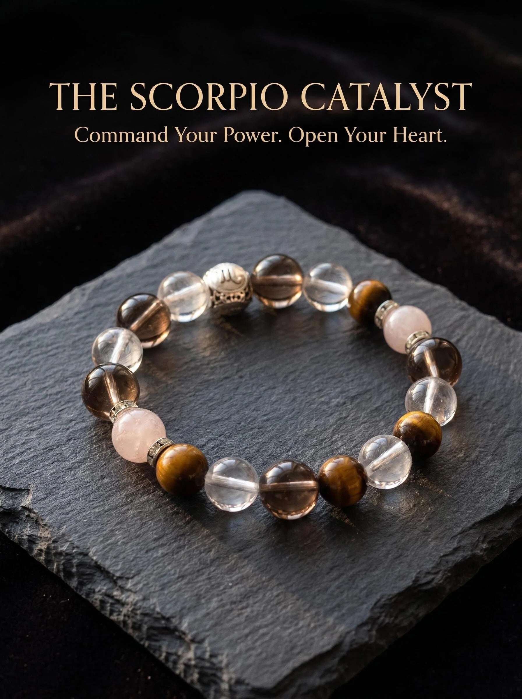 The Scorpio Sovereign crystal bracelet 
with smoky quartz tiger's eye rose quartz and clear quartz beads, 
Scorpio zodiac healing jewelry on dark slate surface