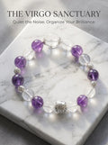 The Virgo Oracle crystal bracelet 
with amethyst and clear quartz beads, 
Virgo zodiac healing jewelry on white marble surface, 
minimalist luxury crystal bracelet