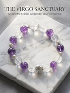 The Virgo Oracle crystal bracelet 
with amethyst and clear quartz beads, 
Virgo zodiac healing jewelry on white marble surface, 
minimalist luxury crystal bracelet