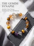 The Gemini Frequency crystal bracelet 
with citrine yellow tiger's eye grey moonstone 
smoky quartz and clear quartz beads, 
Gemini zodiac healing jewelry 
on dark grey marble surface, 
duality luxury crystal bracelet