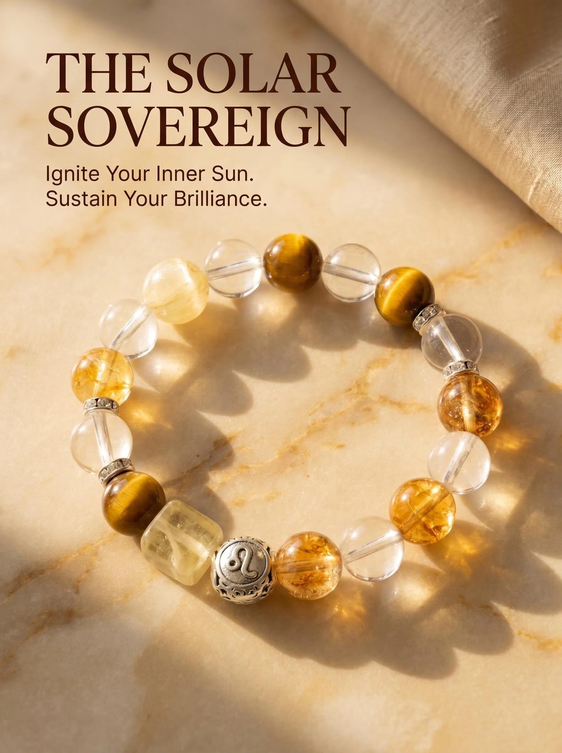 The Leo Throne crystal bracelet with citrine 
tiger's eye lemon citrine and clear quartz beads, 
Leo zodiac healing jewelry on dark gold velvet surface, 
luxury abundance crystal bracelet
