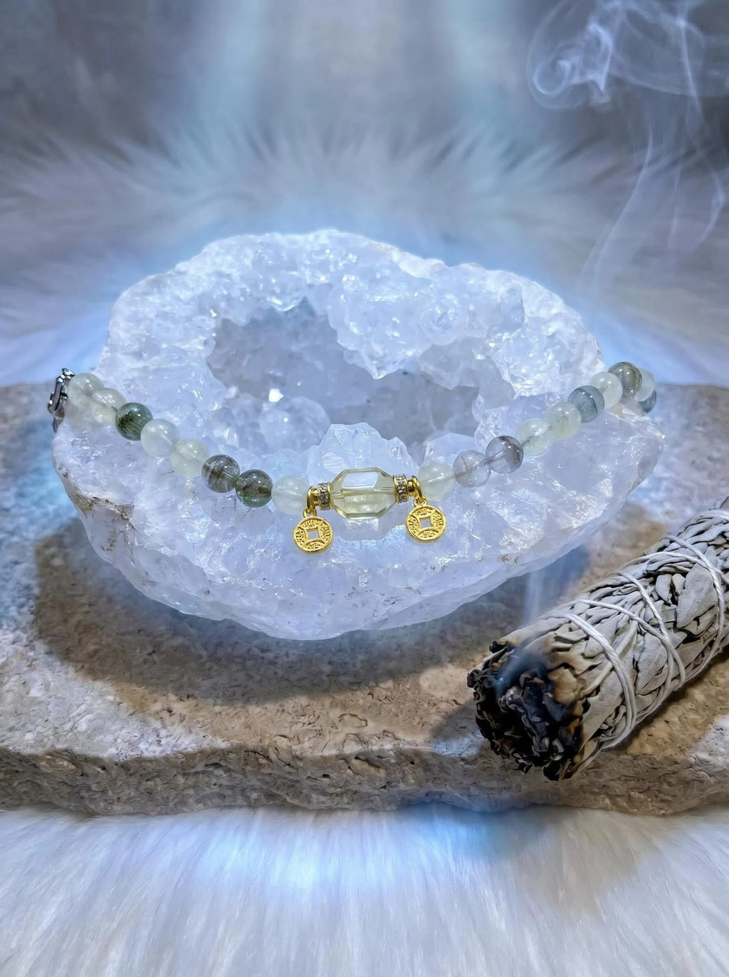 The Golden Vault Matching Set | Human Crystal Bracelet  + Pet Crystal Collar | Lemon Citrine & Four Seasons Phantom Quartz  | Abundance Bundle