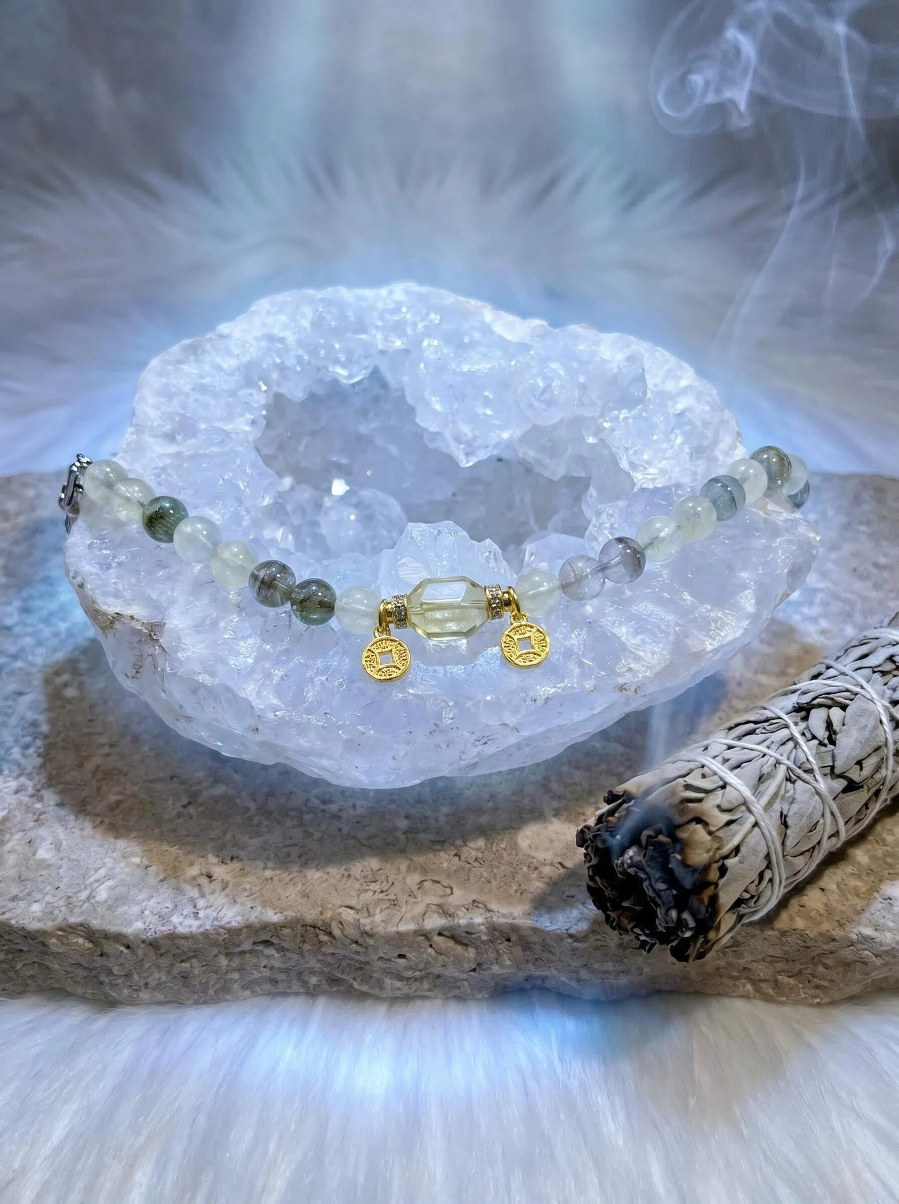 The Golden Vault Matching Set | Human Crystal Bracelet  + Pet Crystal Collar | Lemon Citrine & Four Seasons Phantom Quartz  | Abundance Bundle