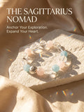 The Sagittarius Compass crystal bracelet 
with rose quartz aquamarine faceted clear quartz beads, 
Sagittarius zodiac healing jewelry 
on warm cream linen surface, 
luxury travel adventure crystal bracelet