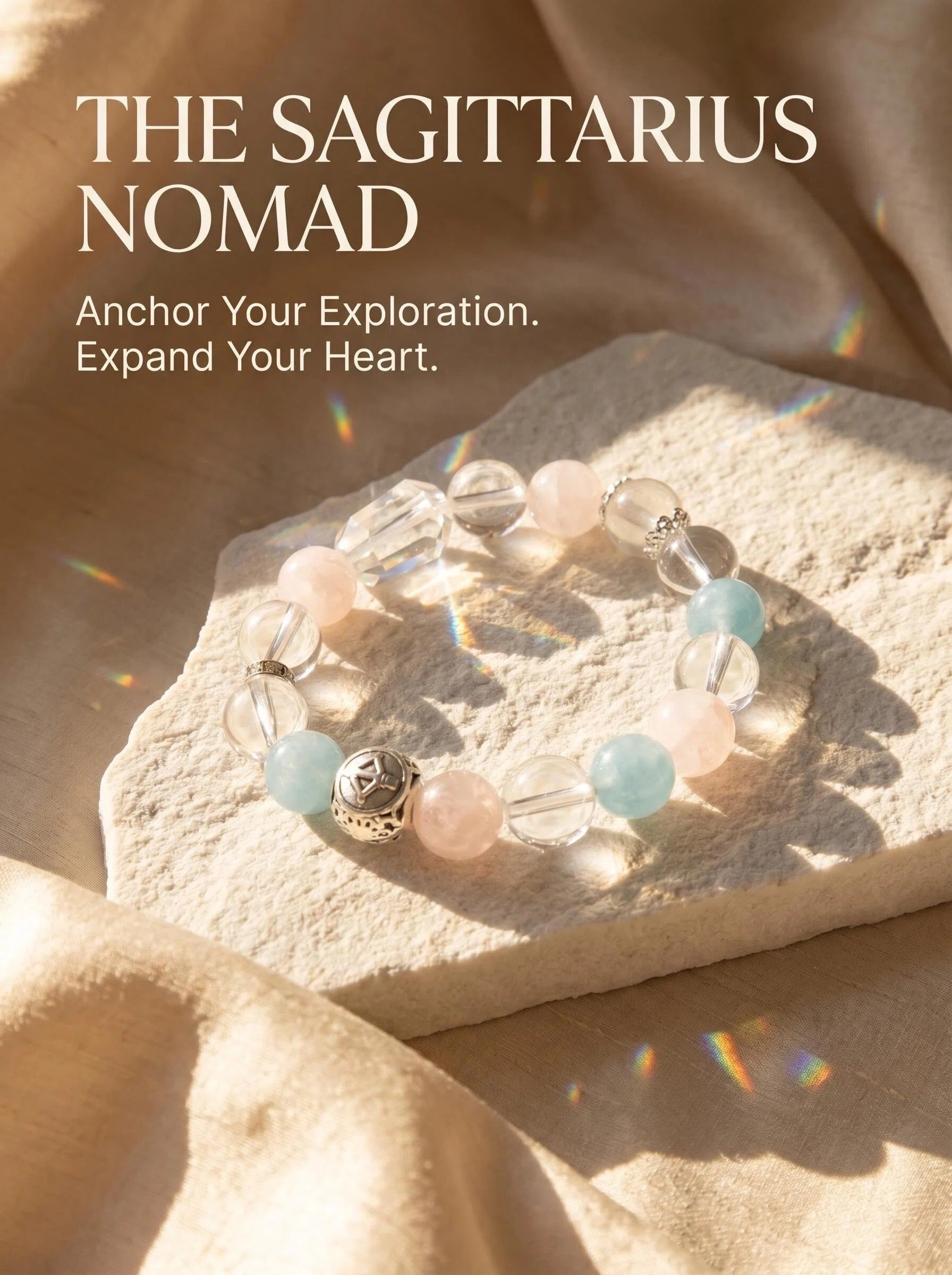 The Sagittarius Compass crystal bracelet 
with rose quartz aquamarine faceted clear quartz beads, 
Sagittarius zodiac healing jewelry 
on warm cream linen surface, 
luxury travel adventure crystal bracelet