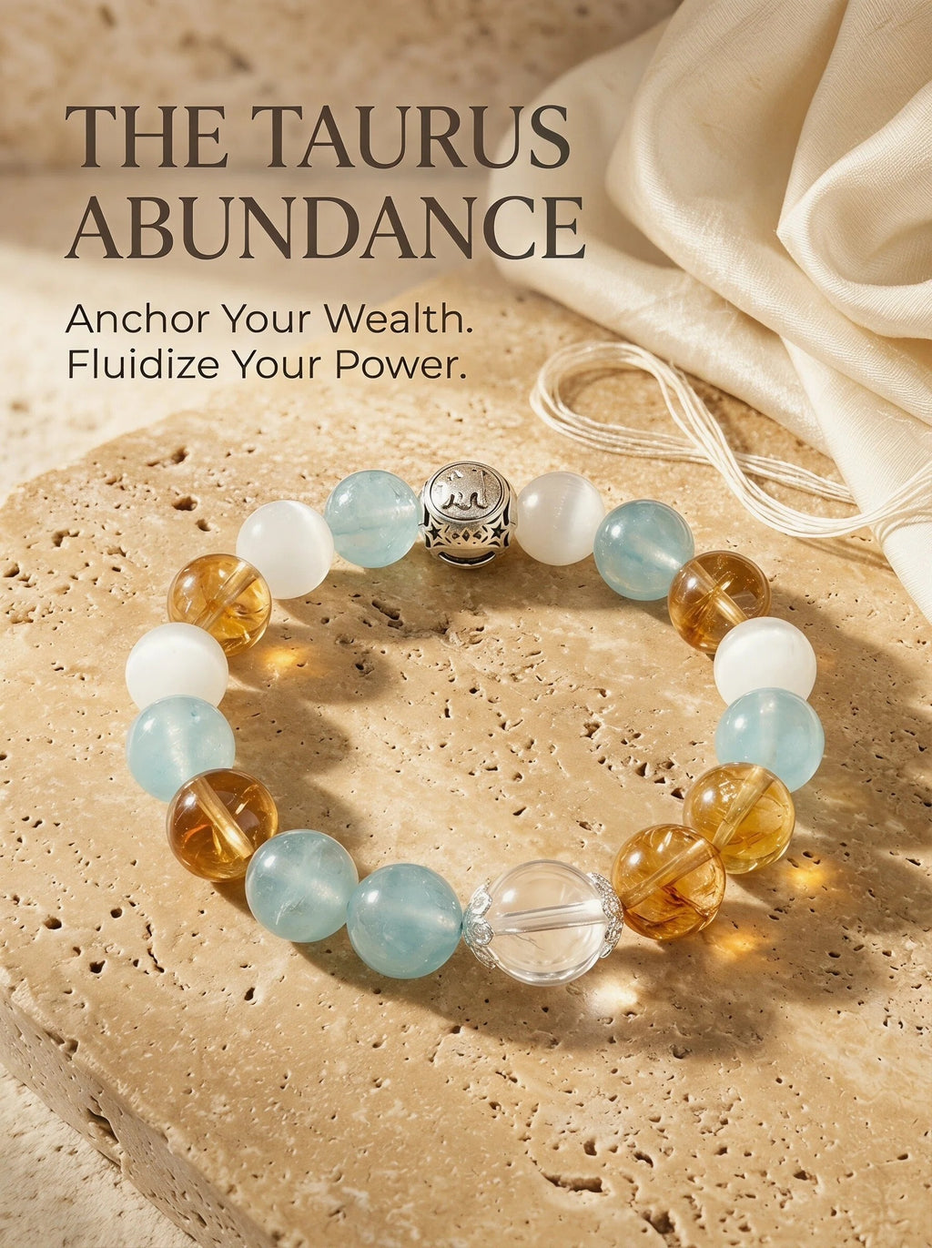 The Taurus Throne crystal bracelet with aquamarine 
cat's eye gold rutilated quartz and clear quartz beads, 
Taurus zodiac healing jewelry on dark green velvet surface
