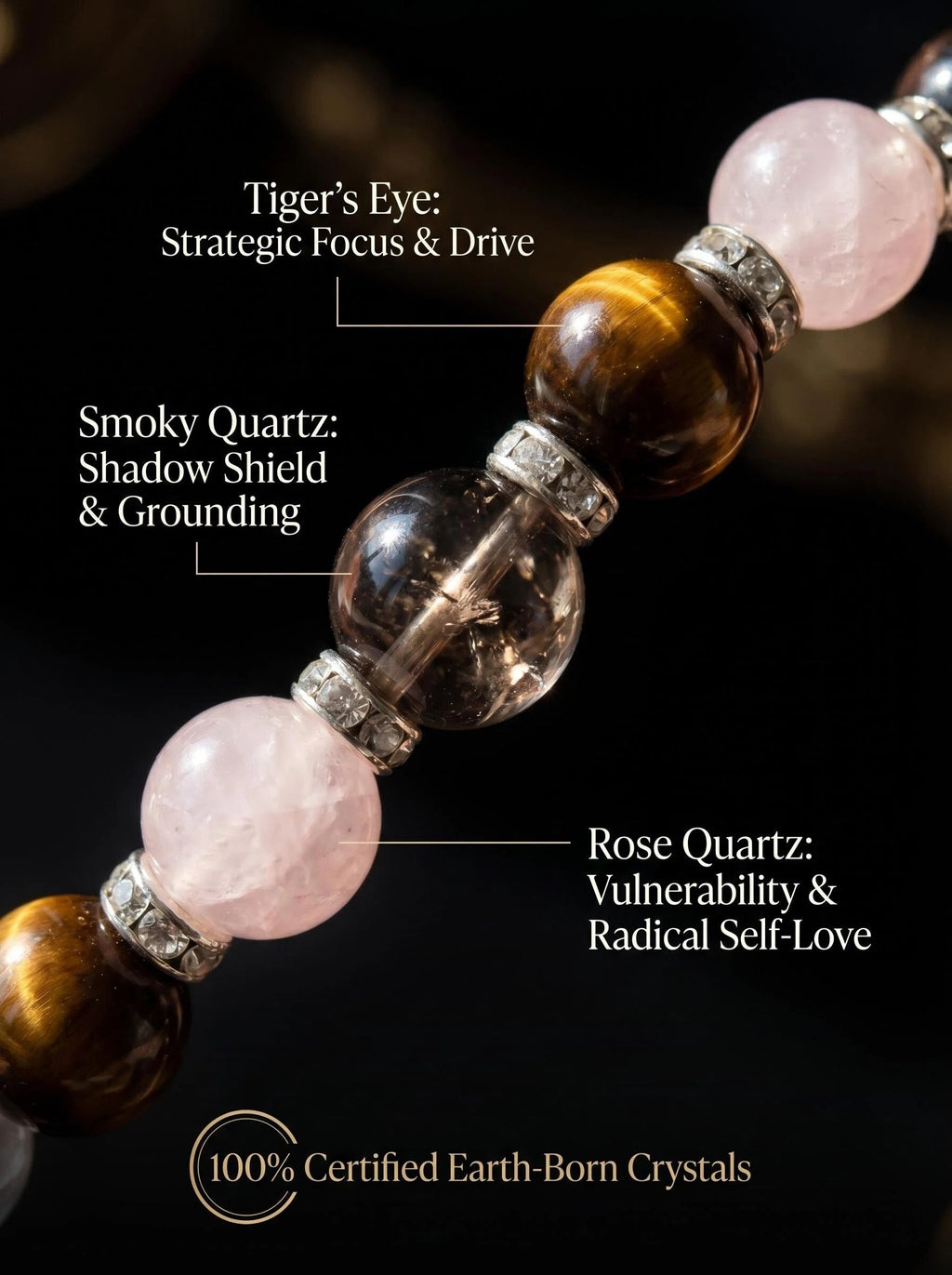 Macro close-up of smoky quartz tiger's eye 
and rose quartz beads in Scorpio Sovereign bracelet, 
zodiac crystal healing stones showing natural inclusions