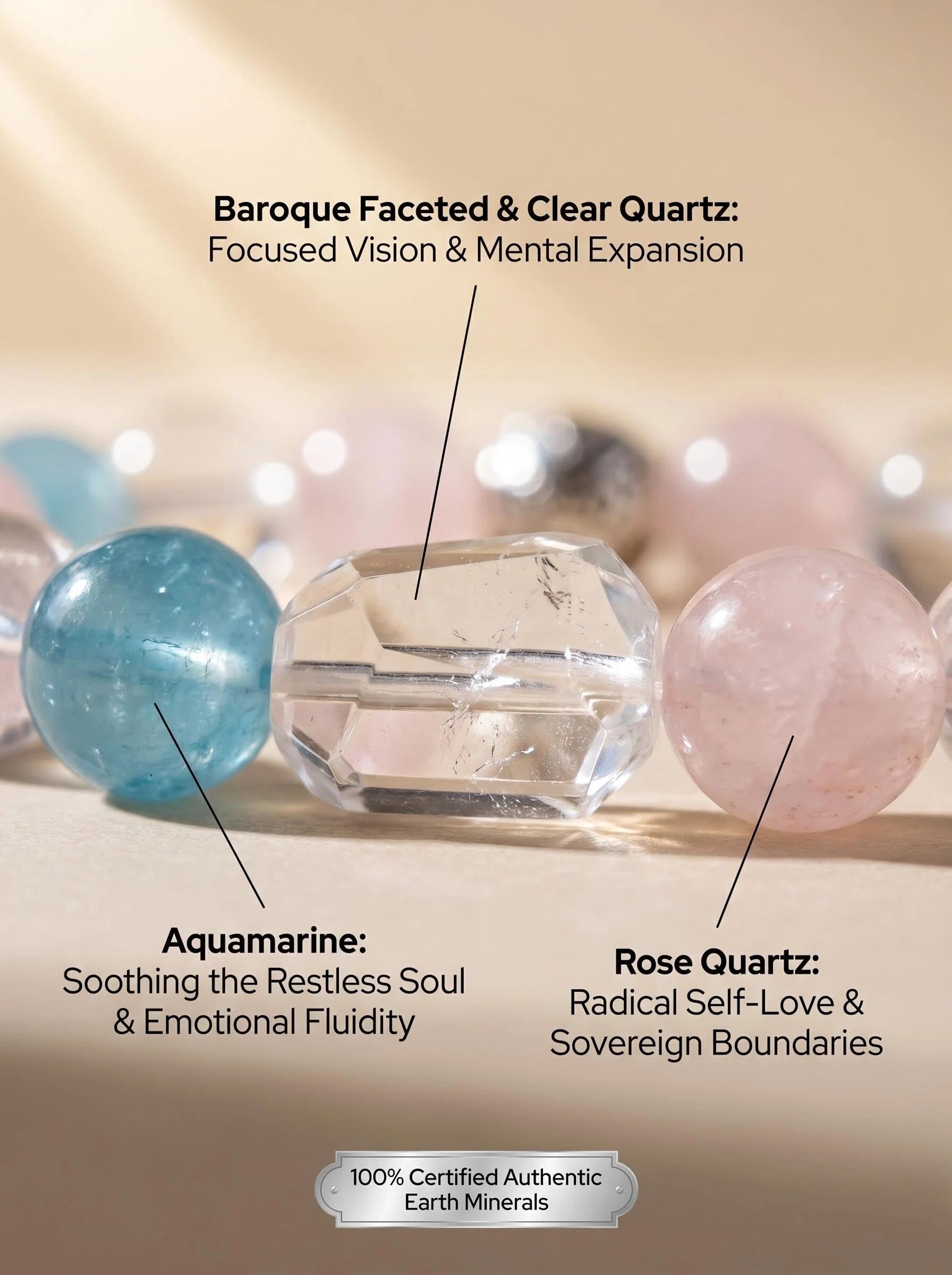 Macro close-up of faceted clear quartz 
aquamarine and rose quartz beads 
in Sagittarius Compass bracelet, 
geometric crystal cut catching light, 
throat chakra heart chakra healing stones
