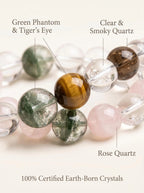 Macro close-up of green phantom quartz tiger's eye 
and rose quartz beads in Libra Luminary bracelet, 
zodiac crystal healing stones showing natural inclusions and color