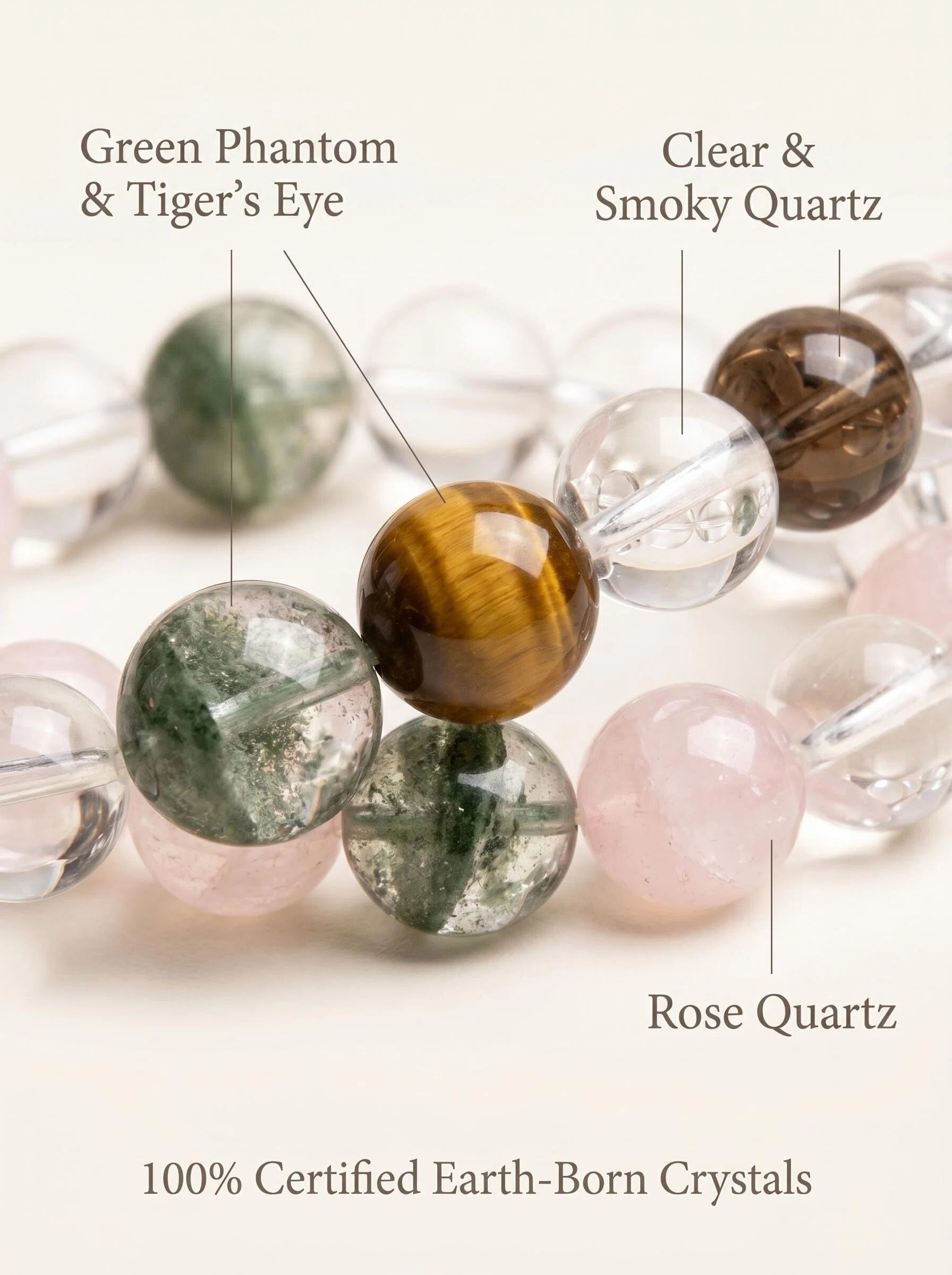 Macro close-up of green phantom quartz tiger's eye 
and rose quartz beads in Libra Luminary bracelet, 
zodiac crystal healing stones showing natural inclusions and color