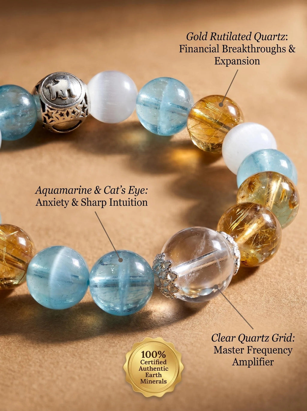 Macro close-up of gold rutilated quartz 
showing golden titanium needle inclusions 
and cat's eye stone with light flash, 
Taurus zodiac crystal healing stones