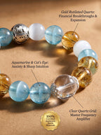 Macro close-up of gold rutilated quartz 
showing golden titanium needle inclusions 
and cat's eye stone with light flash, 
Taurus zodiac crystal healing stones