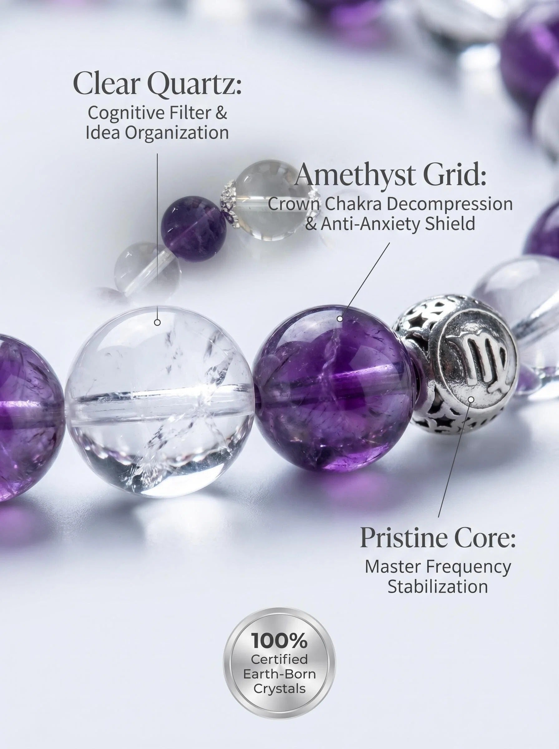 Macro close-up of deep purple amethyst 
and clear quartz beads in Virgo Oracle bracelet, 
crown chakra third eye chakra healing crystals, 