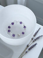 Virgo Oracle crystal bracelet on selenite charging plate 
with white sage bundle and amethyst geode, 
virgo zodiac crystal cleansing ritual