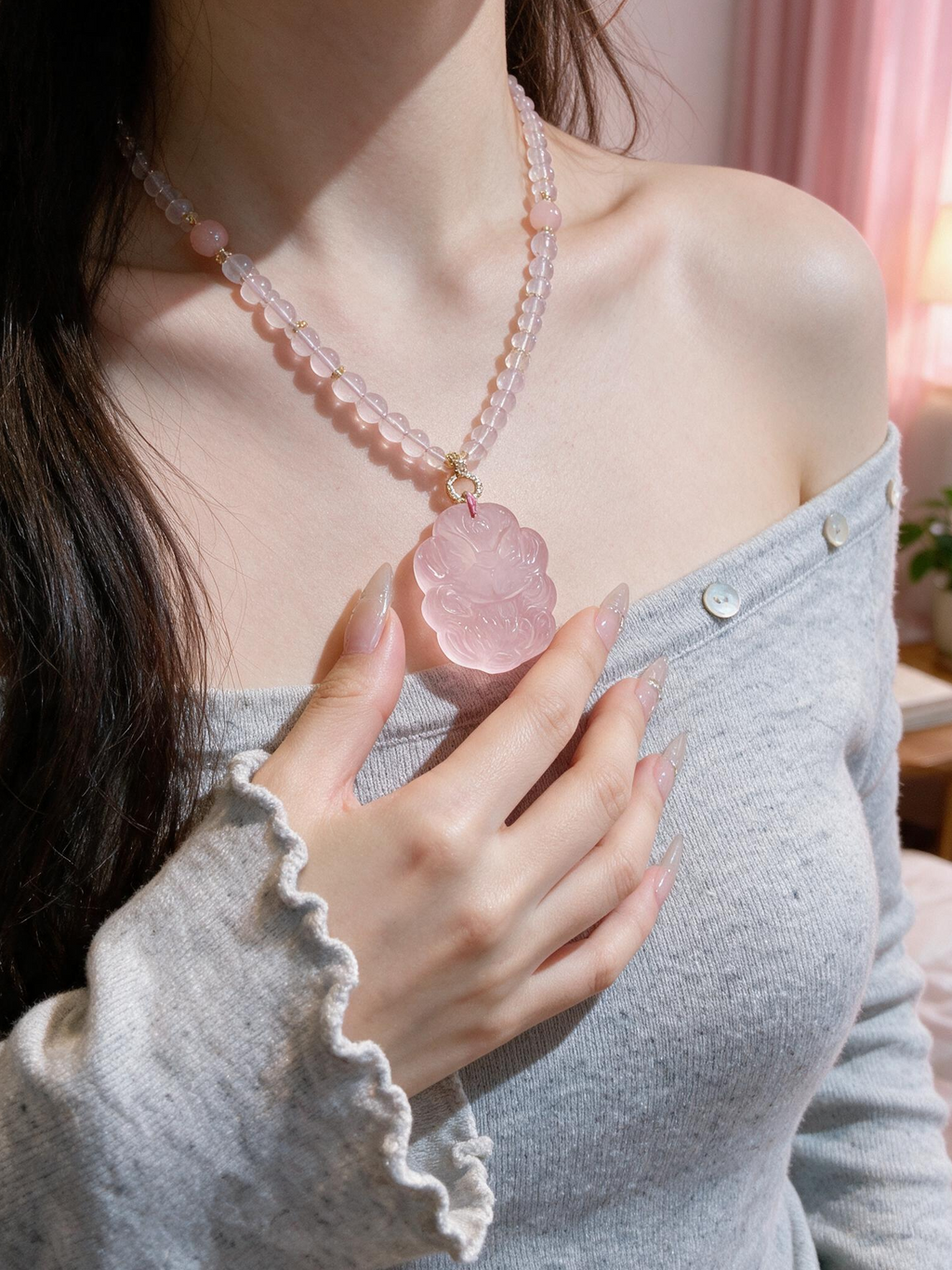Person wearing rose quartz fox charm necklace, face out of frame