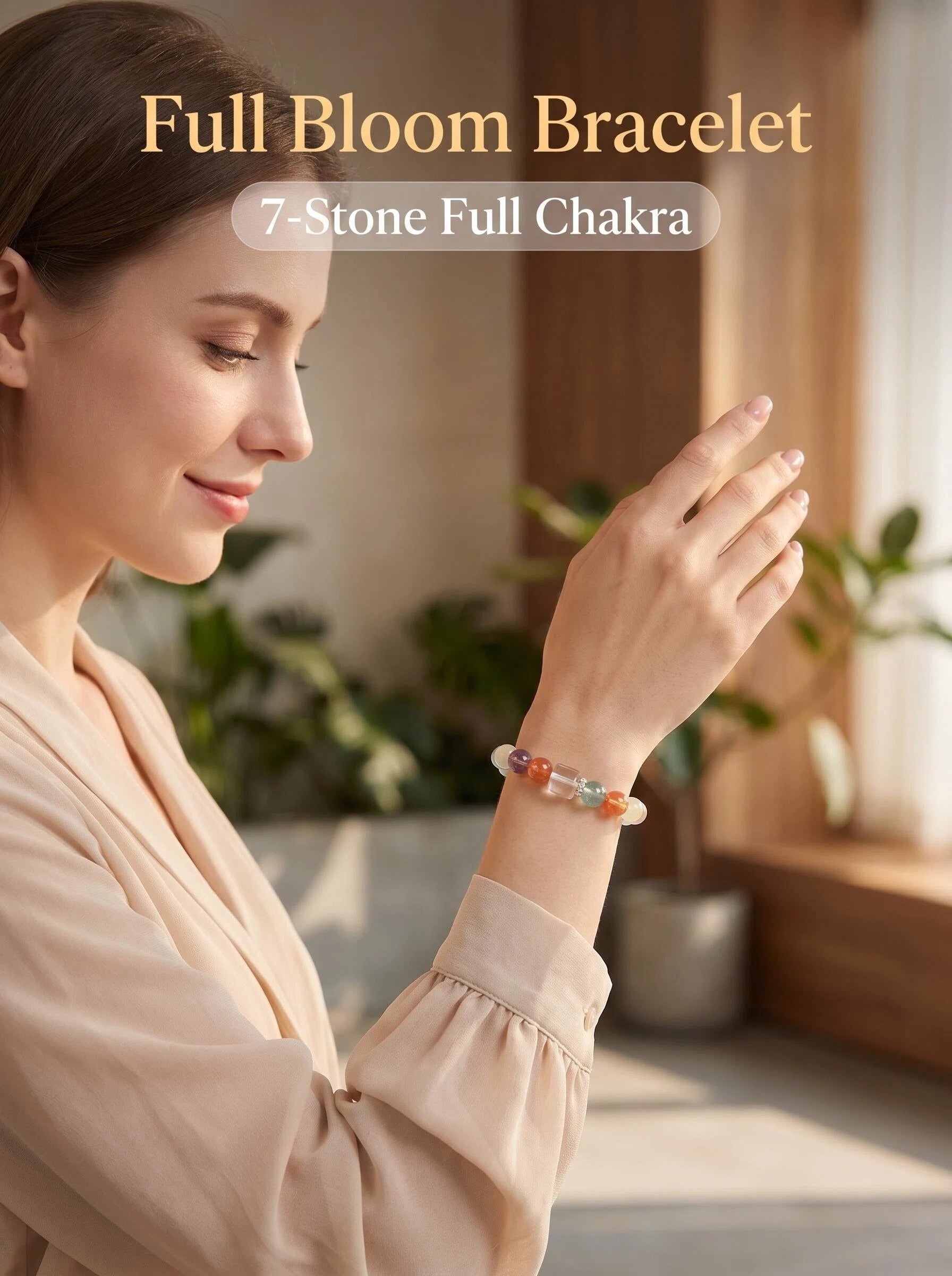 The Full Bloom crystal bracelet with lemon citrine
green fluorite aquamarine amethyst
red topaz rose quartz and clear quartz beads,
complete 7 chakra healing bracelet
on white marble surface