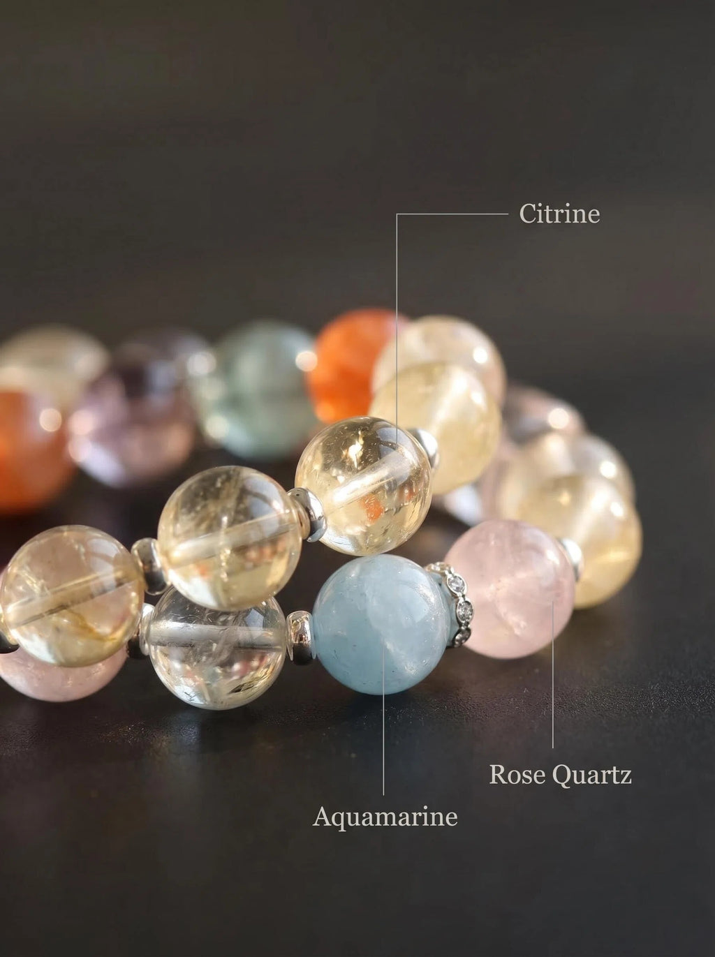 Macro close-up of green fluorite aquamarine
amethyst and lemon citrine beads in Full Bloom bracelet,
full chakra healing stones showing
natural color spectrum and crystal clarity