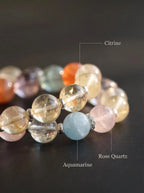 Macro close-up of green fluorite aquamarine
amethyst and lemon citrine beads in Full Bloom bracelet,
full chakra healing stones showing
natural color spectrum and crystal clarity