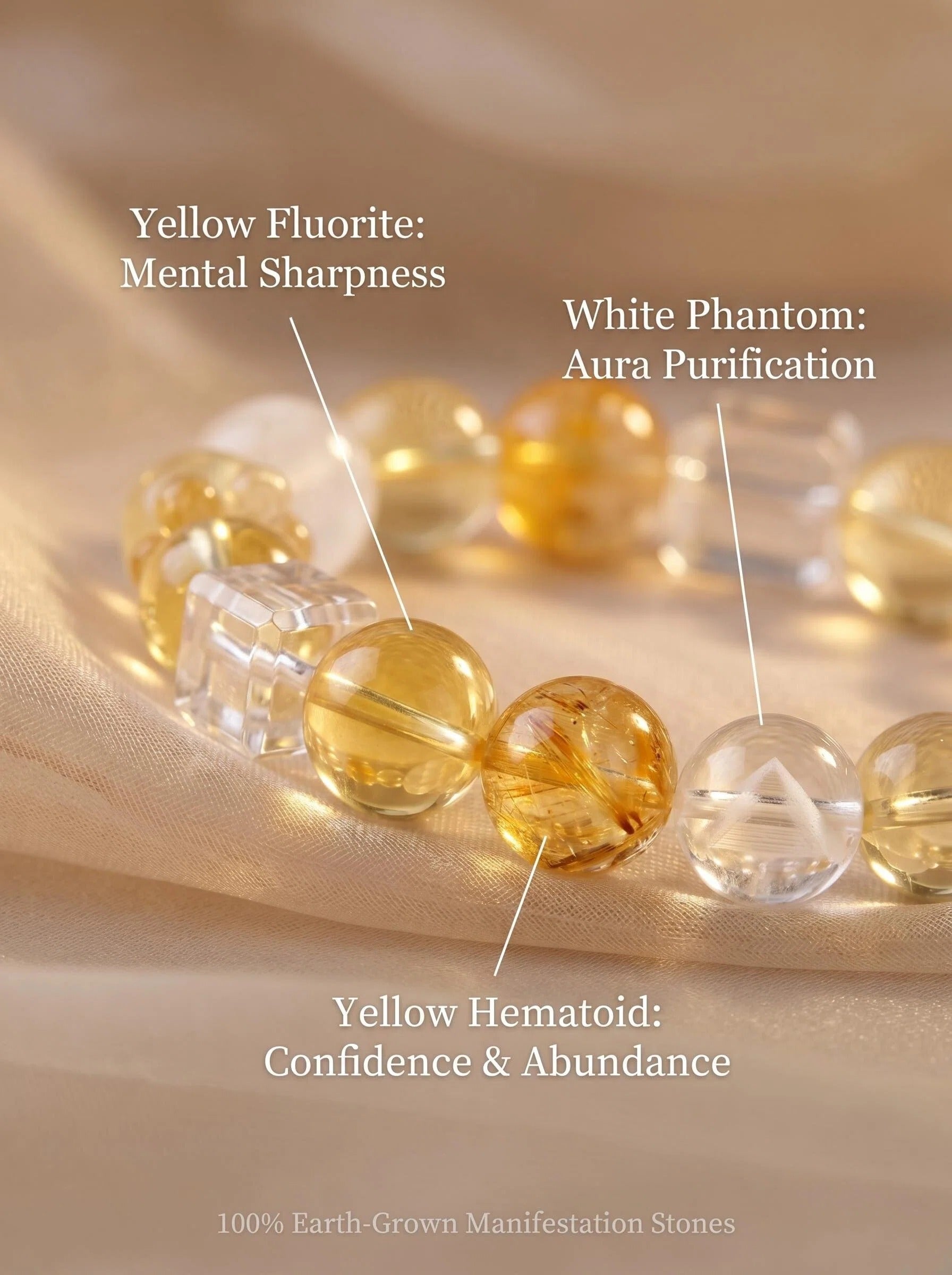 Macro close-up of yellow fluorite white phantom quartz
and yellow topaz beads in Golden Drift bracelet,
solar plexus crown chakra healing stones
showing golden yellow tones and phantom inclusions