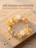 The Golden Drift crystal bracelet with yellow fluorite
white phantom quartz and yellow topaz beads,
wealth clarity abundance bracelet
on dark gold velvet surface