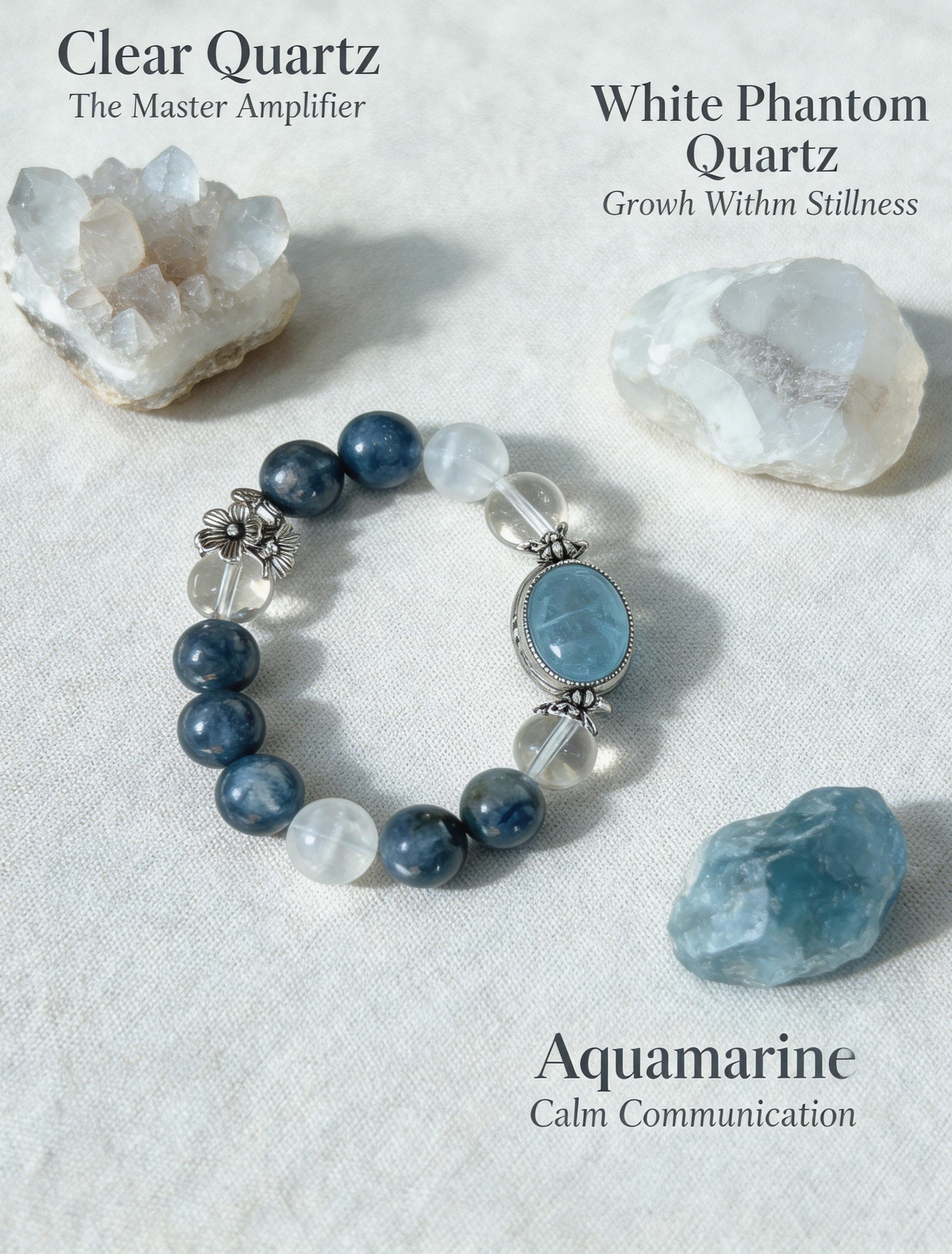 The Clarity Current | Premium Clear Quartz, White Phantom & Aquamarine Bracelet